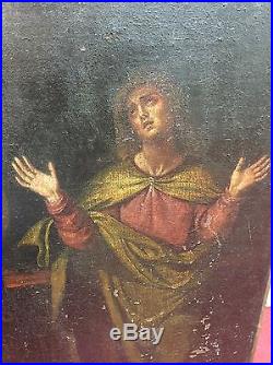 Huile sur toile ancienne scène religieuse XVII-XVIII-XIXème. Christ en croix