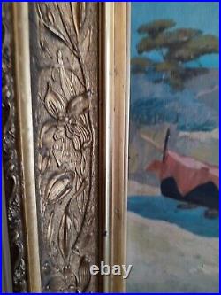 Huile sur toile anonyme Barque de pêcheur cadre bois stuqué doré art nouveau