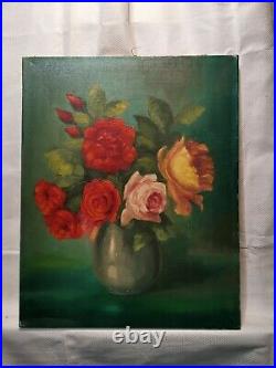 Huile sur toile au vase de fleurs, signée 33 x 41 cm