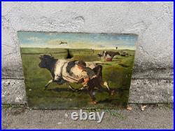 Huile sur toile avec vache signée G. Perri Scène paysanne XIXe