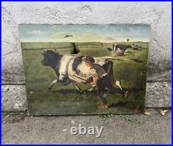 Huile sur toile avec vache signée G. Perri Scène paysanne XIXe
