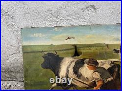 Huile sur toile avec vache signée G. Perri Scène paysanne XIXe