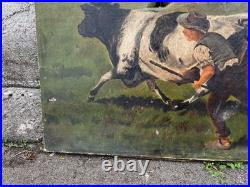 Huile sur toile avec vache signée G. Perri Scène paysanne XIXe