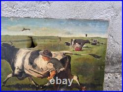 Huile sur toile avec vache signée G. Perri Scène paysanne XIXe