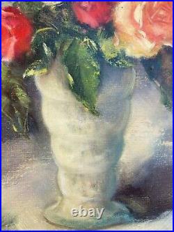 Huile sur toile bouquet de roses dans vase blanc signée P. Sorel artiste reconnu