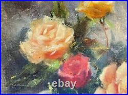 Huile sur toile bouquet de roses dans vase blanc signée P. Sorel artiste reconnu