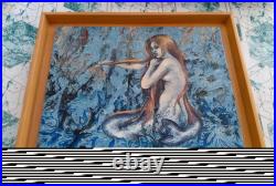 Huile sur toile de Jo Le Bouder, représentant une sirène dans la mer, cadre bois