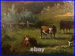 Huile sur toile du 19e siècle signée, paysage avec vachers, cadre doré