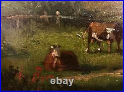 Huile sur toile du 19e siècle signée, paysage avec vachers, cadre doré