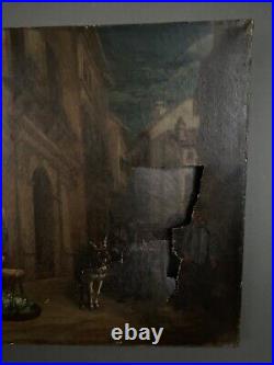 Huile sur toile du XIXe scène de rue A6445