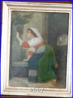 Huile sur toile femme Italienne costume traditionnel, au bord d'une fontaine XIX