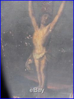 Huile sur toile fin 16e/debut 17eme le christ cadre d'origine bois sculpté
