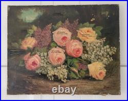 Huile sur toile fin 19eme nature morte bouquet de fleurs par Machu 33 41 cm