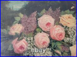 Huile sur toile fin 19eme nature morte bouquet de fleurs par Machu 33 41 cm