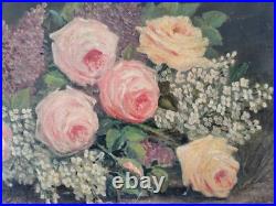 Huile sur toile fin 19eme nature morte bouquet de fleurs par Machu 33 41 cm