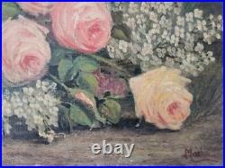 Huile sur toile fin 19eme nature morte bouquet de fleurs par Machu 33 41 cm