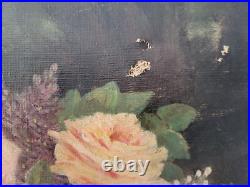 Huile sur toile fin 19eme nature morte bouquet de fleurs par Machu 33 41 cm