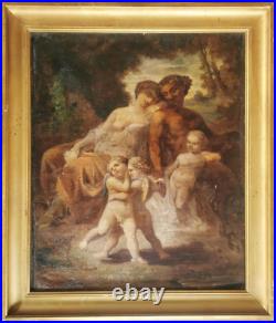 Huile sur toile fin XVIII Venus faune et putti hymne à l'amour chérubins nu