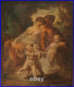 Huile sur toile fin XVIII Venus faune et putti hymne à l'amour chérubins nu