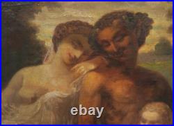 Huile sur toile fin XVIII Venus faune et putti hymne à l'amour chérubins nu