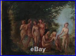 Huile sur toile, peinture, Scène Mythologique, sherubin et femmes, XIXème