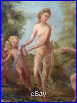 Huile sur toile, peinture, Scène Mythologique, sherubin et femmes, XIXème