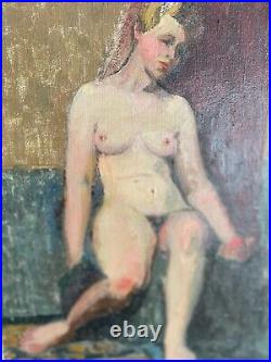 Huile sur toile peinture XXe nu féminin assis signature à déchiffrer
