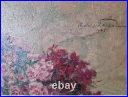 Huile sur toile peinture signée Oswald Poreau oeillets du poète 1945