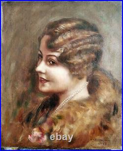 Huile sur toile, portrait de femme aux perles des années 30, daté 1926 et signé
