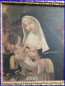 Huile sur toile religieuse XVIIIeme marouflée Sainte avec l'enfant Jesus