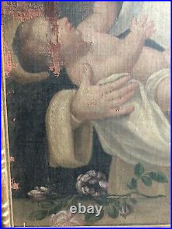 Huile sur toile religieuse XVIIIeme marouflée Sainte avec l'enfant Jesus