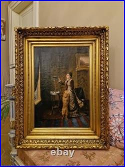 Huile sur toile scène d'intérieur femme au perroquet, Peinture