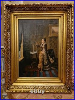 Huile sur toile scène d'intérieur femme au perroquet, Peinture