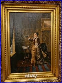 Huile sur toile scène d'intérieur femme au perroquet, Peinture
