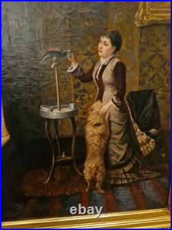 Huile sur toile scène d'intérieur femme au perroquet, Peinture