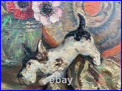 Huile sur toile signée GENTH nature morte au chien et aux fleurs 54 X 65 CM
