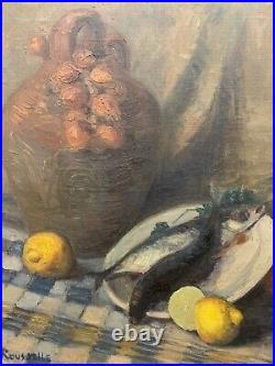 Huile sur toile signée Rousselle 61 x 50 cm Nature Morte aux poissons et citrons