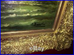 Huile sur toile signée Scène de marine animée d'époque XIXe Cadre doré