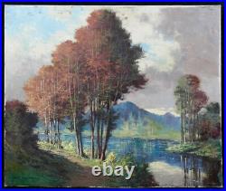 Huile sur toile signée représentant un paysage Lac de montagne France Barbizon