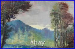 Huile sur toile signée représentant un paysage Lac de montagne France Barbizon