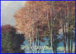 Huile sur toile signée représentant un paysage Lac de montagne France Barbizon