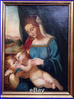 Huile sur toile très ancienne vierge enfant Jésus et Jean Baptiste