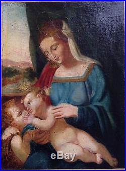 Huile sur toile très ancienne vierge enfant Jésus et Jean Baptiste