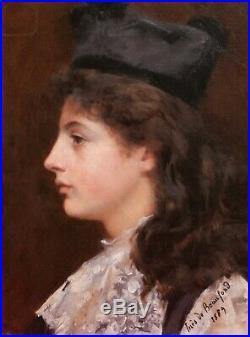 Inès de BEAUFOND tableau huile portrait jeune femme fille chapeau profil 1900