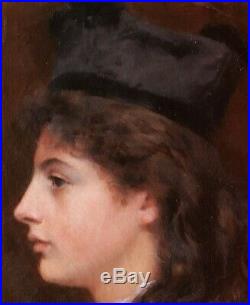 Inès de BEAUFOND tableau huile portrait jeune femme fille chapeau profil 1900