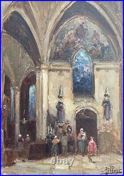 Intérieur d'église, Huile Sur Toile Signée Gilbert, Tableau Encadré, Peinture Intérieur d'église, Huile Sur Toile Signée Gilbert, Tableau Encadré, Peinture