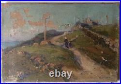 Jean BERNE BELLECOUR Tableau XIXe Paysage Impressionniste Breton Huile Toile