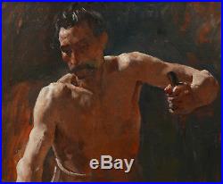Jean-Paul LAURENS tableau huile portrait ouvrier forge homme torse nu masculin