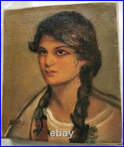 Jolie Ancienne huile sur toile portrait de jeune fille signé SPADA peinture