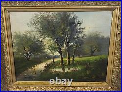 LUCIEN HENRY. Paysage Animé. Peinture huile sur toile signé